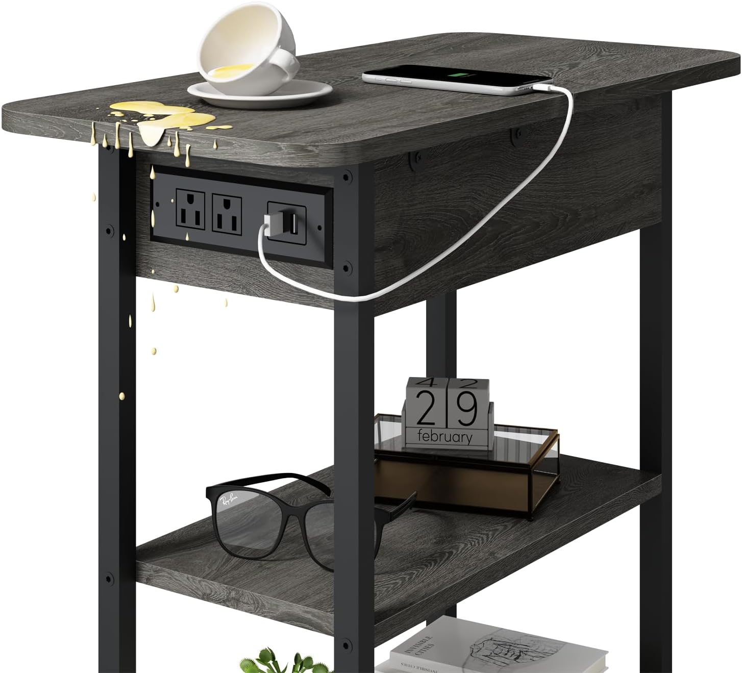 LIDYUK End Table with Charging Station USB Ports and Outlets Flip Top Side Table for Small Spaces Dark Grey