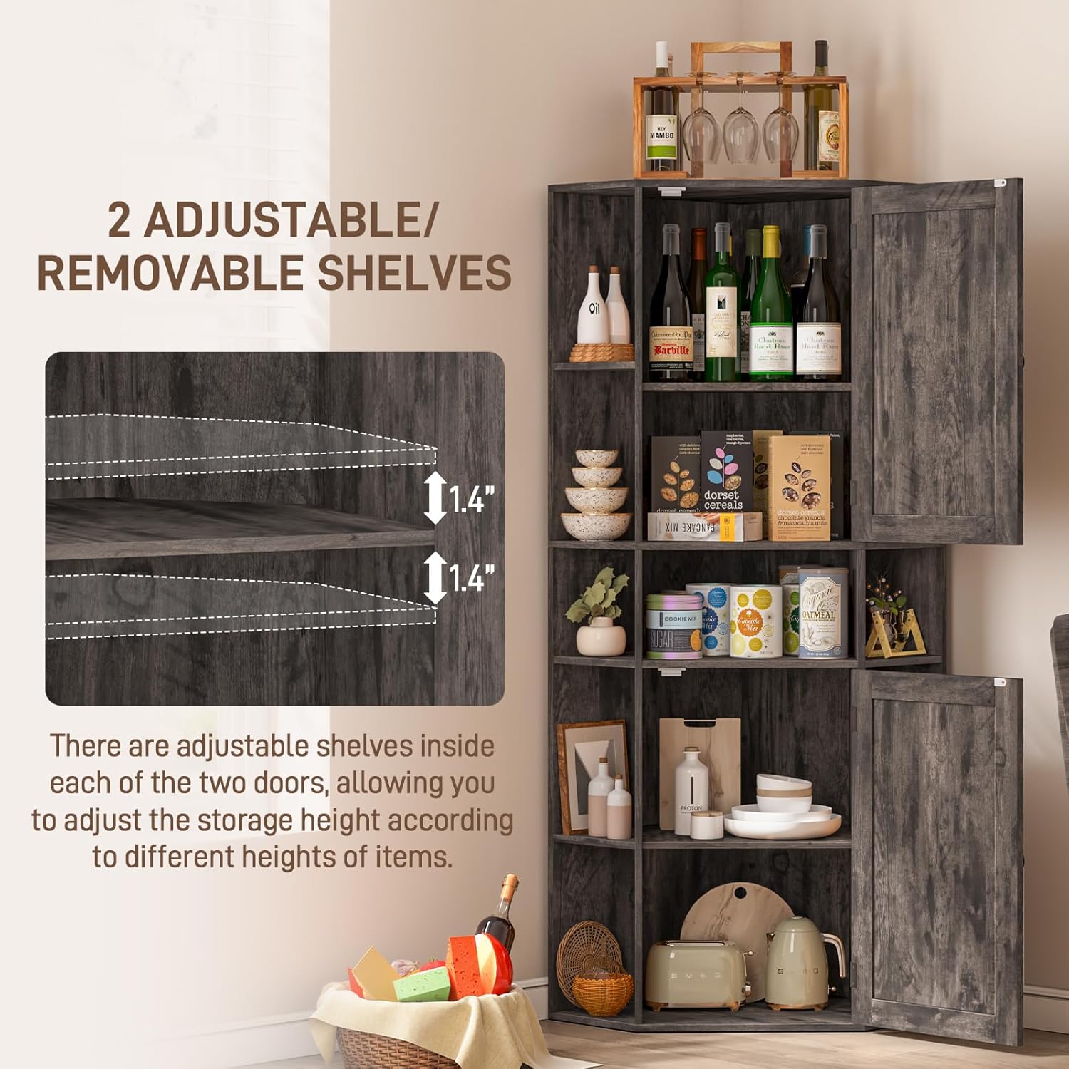 Farmhouse Corner Cabinet with Adjustable Shelves and Doors Grey 1