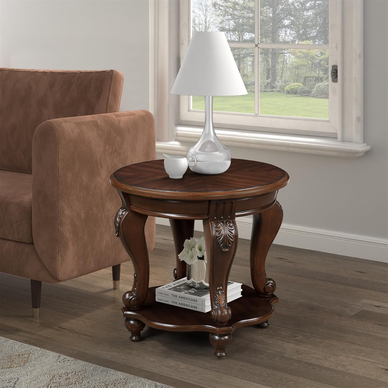 22 Inch Round End Table with Storage Shelf and Cherry Finish