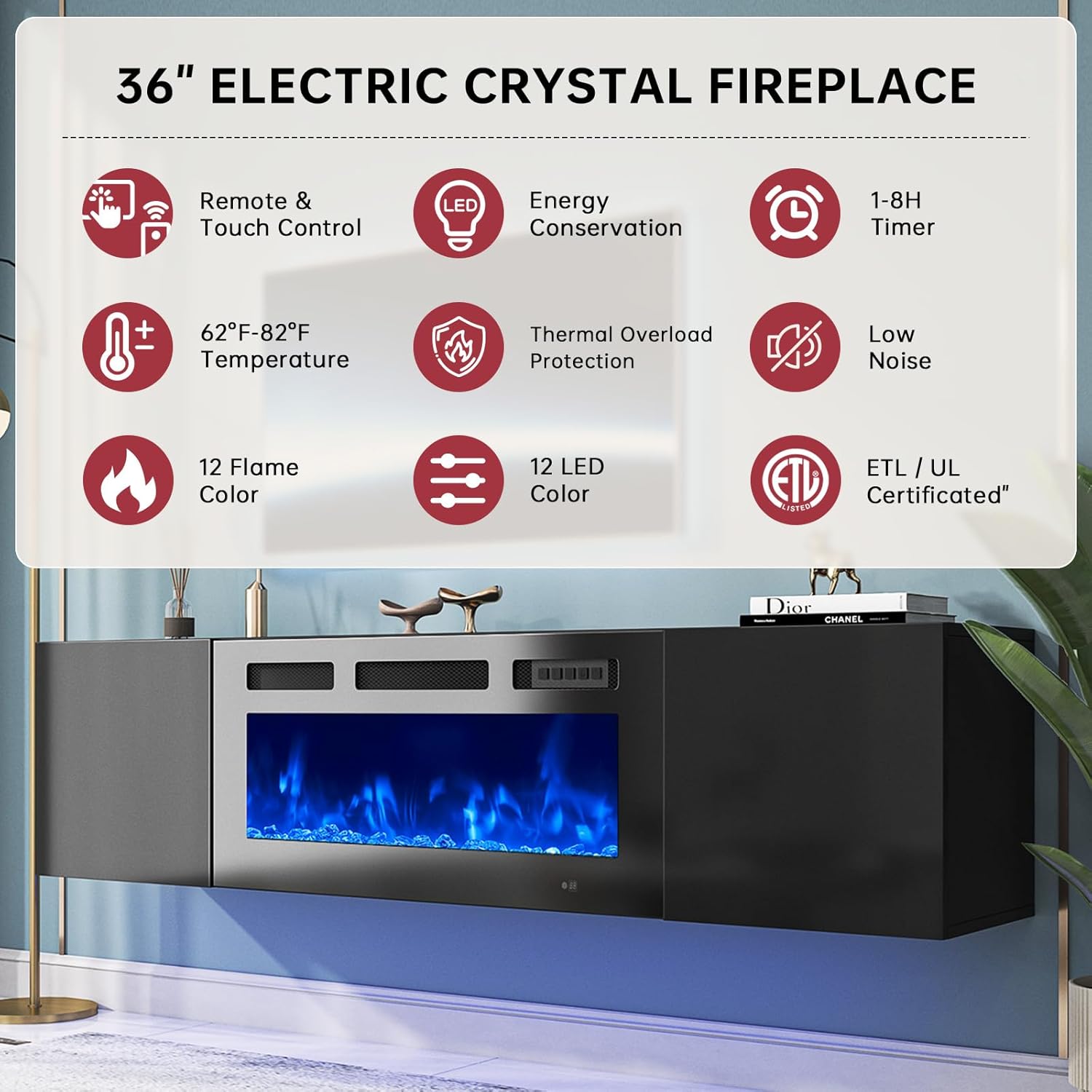 Oneinmil 70 Inch Floating TV Stand with Electric Fireplace