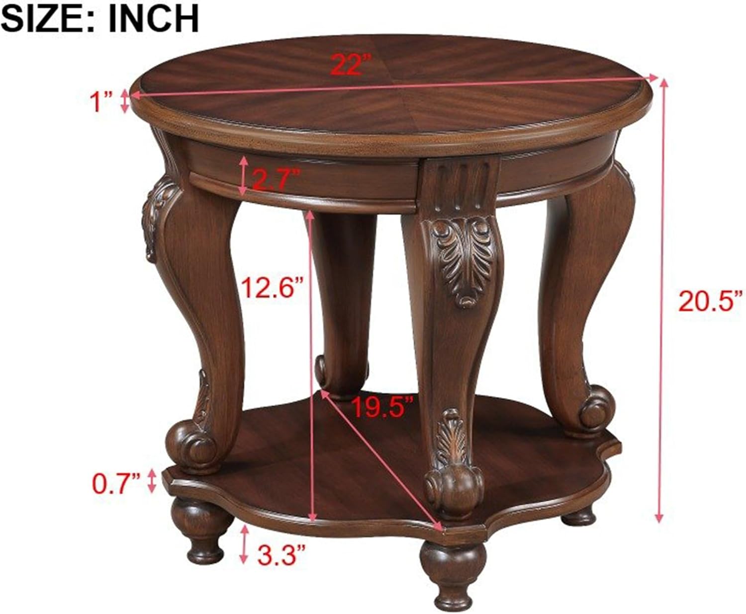 22 Round Wood End Table with 2-Tier Storage