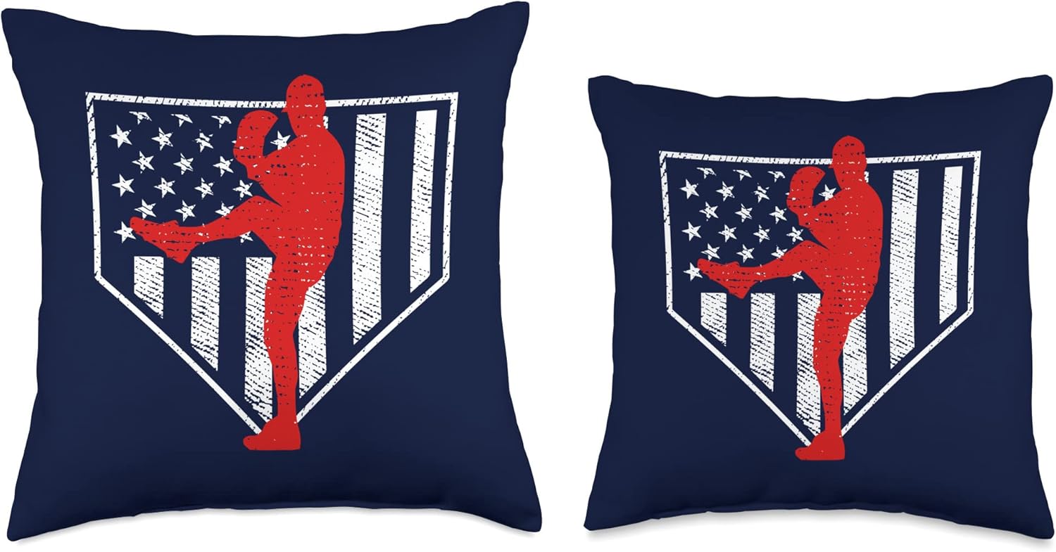 Vintage Baseball Pitcher American Flag Throw Pillow