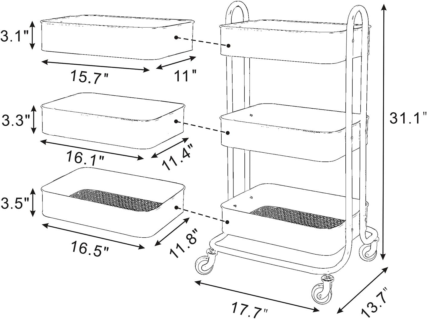 Wonline 3-Tier Metal Rolling Storage Cart with Locking Casters Grey
