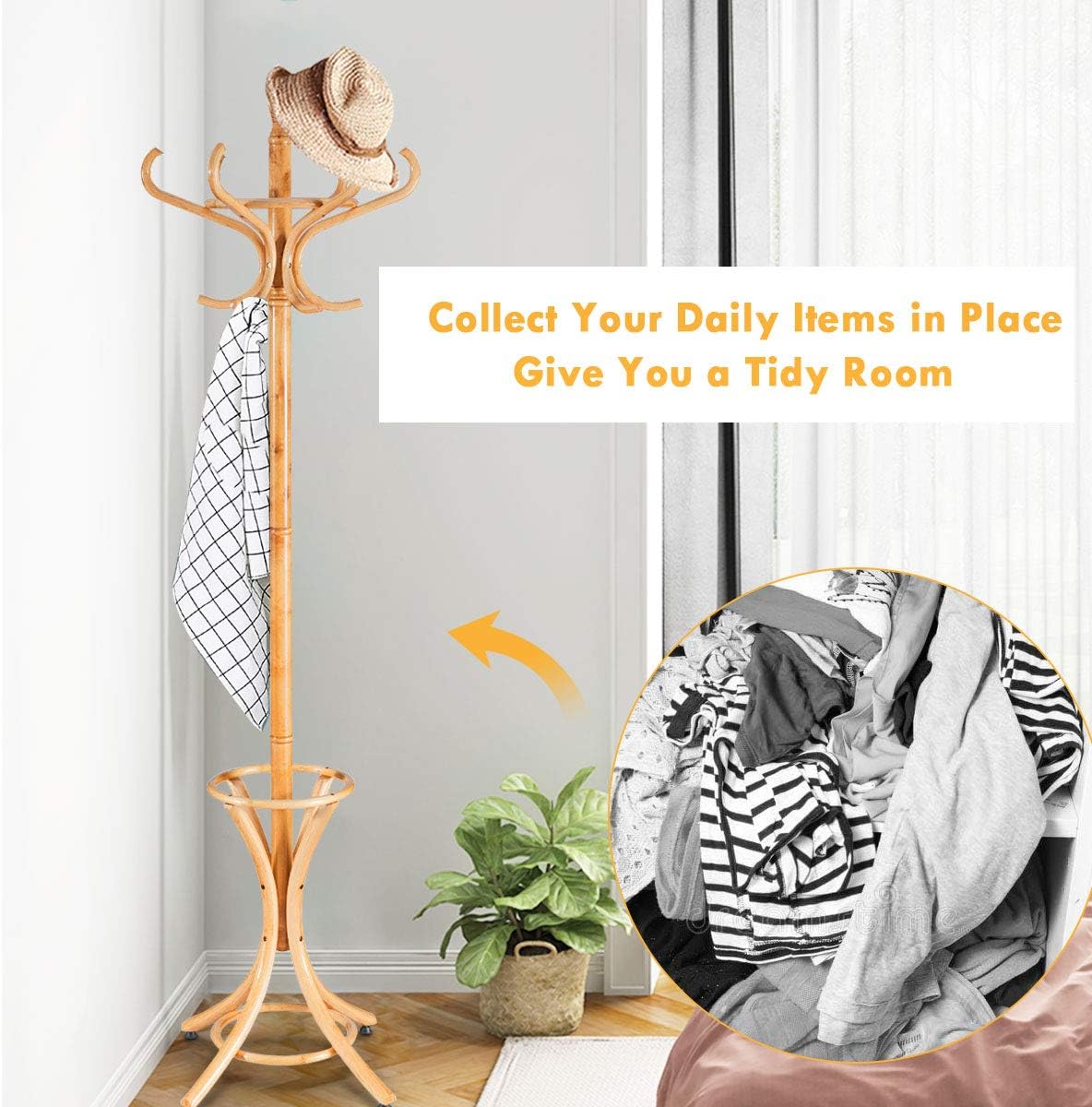 Tangkula 755 Inch Standing Coat Rack with 12 Hooks and Umbrella Stand
