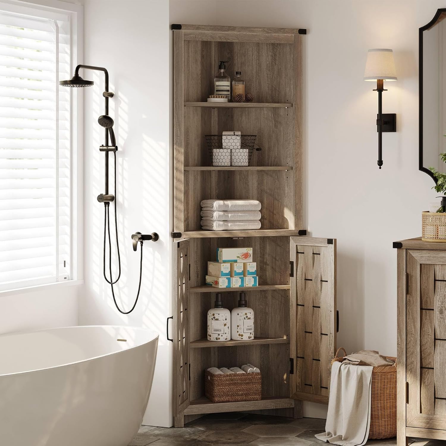 LINSY HOME Tall Corner Cabinet with Barn Door Design