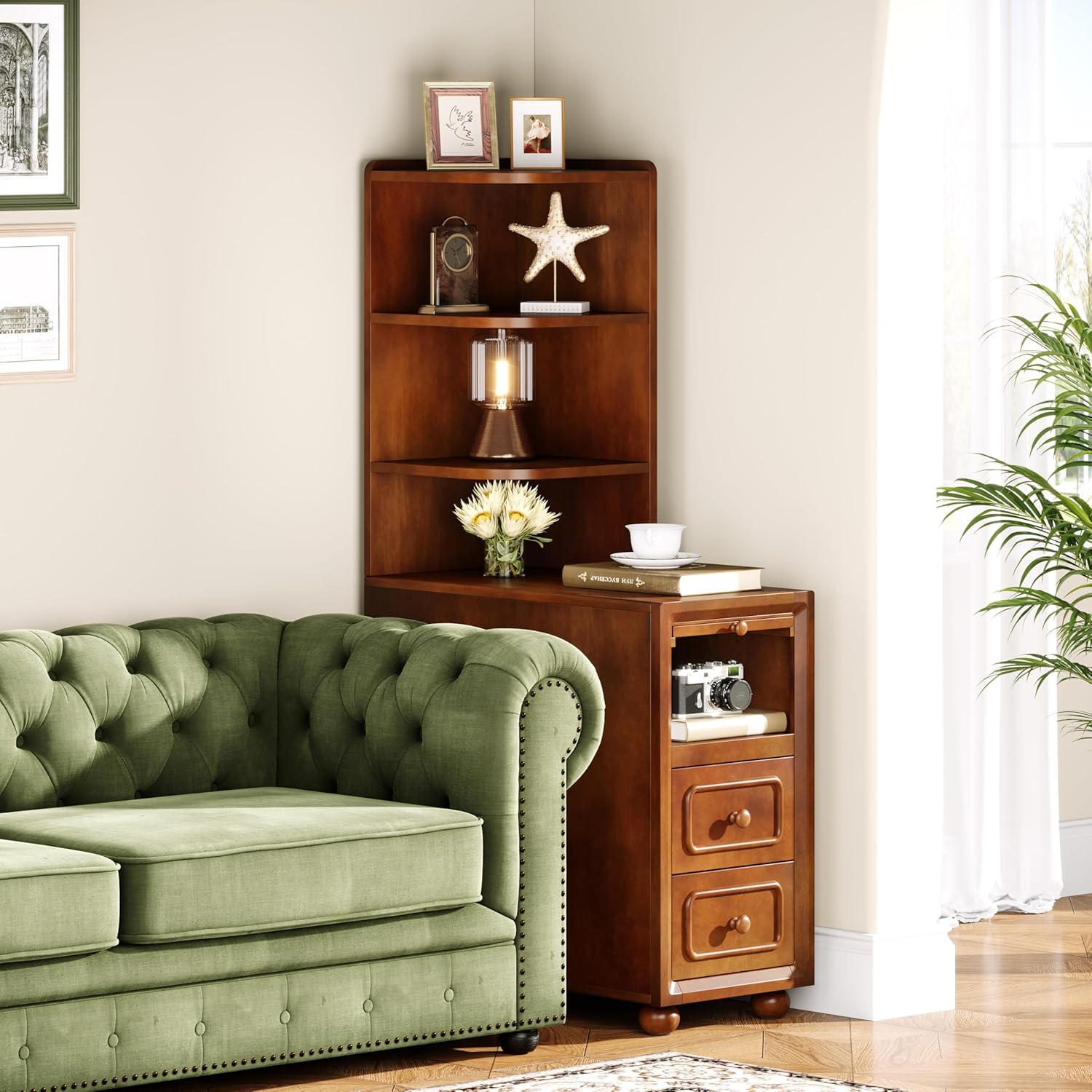 Solid Wood End Table with Drawers and Reversible Shelves 1