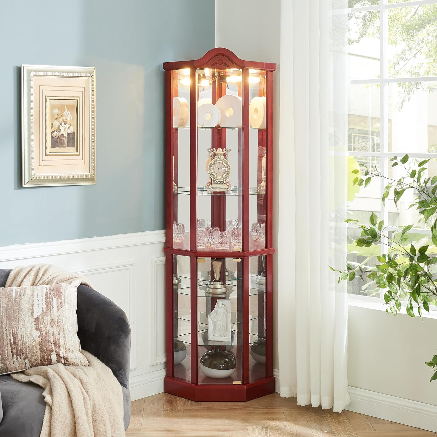 Lighted Corner Display Cabinet with 5 Shelves and Tempered Glass Doors