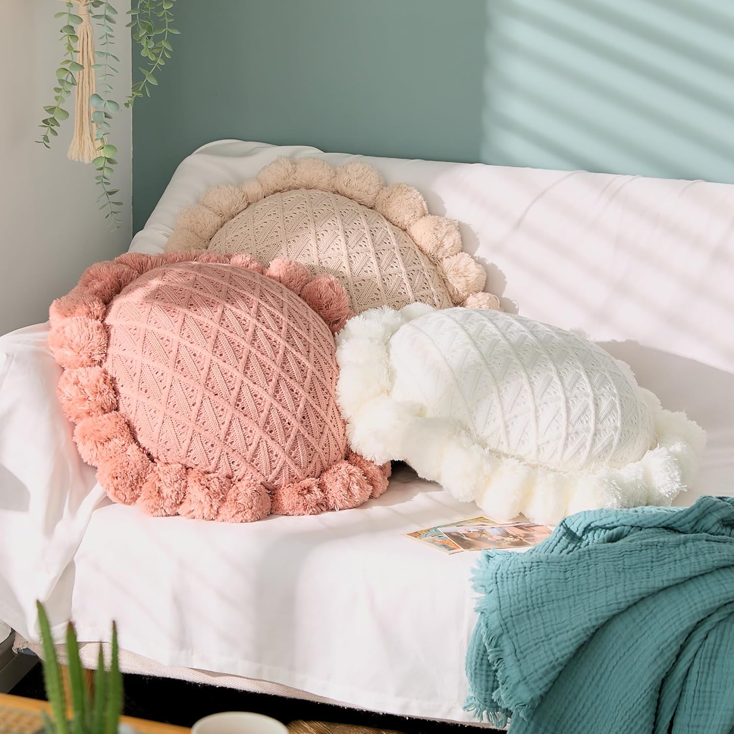 ATMOSURELY Boho Cotton Knitted Throw Pillow with Tassels