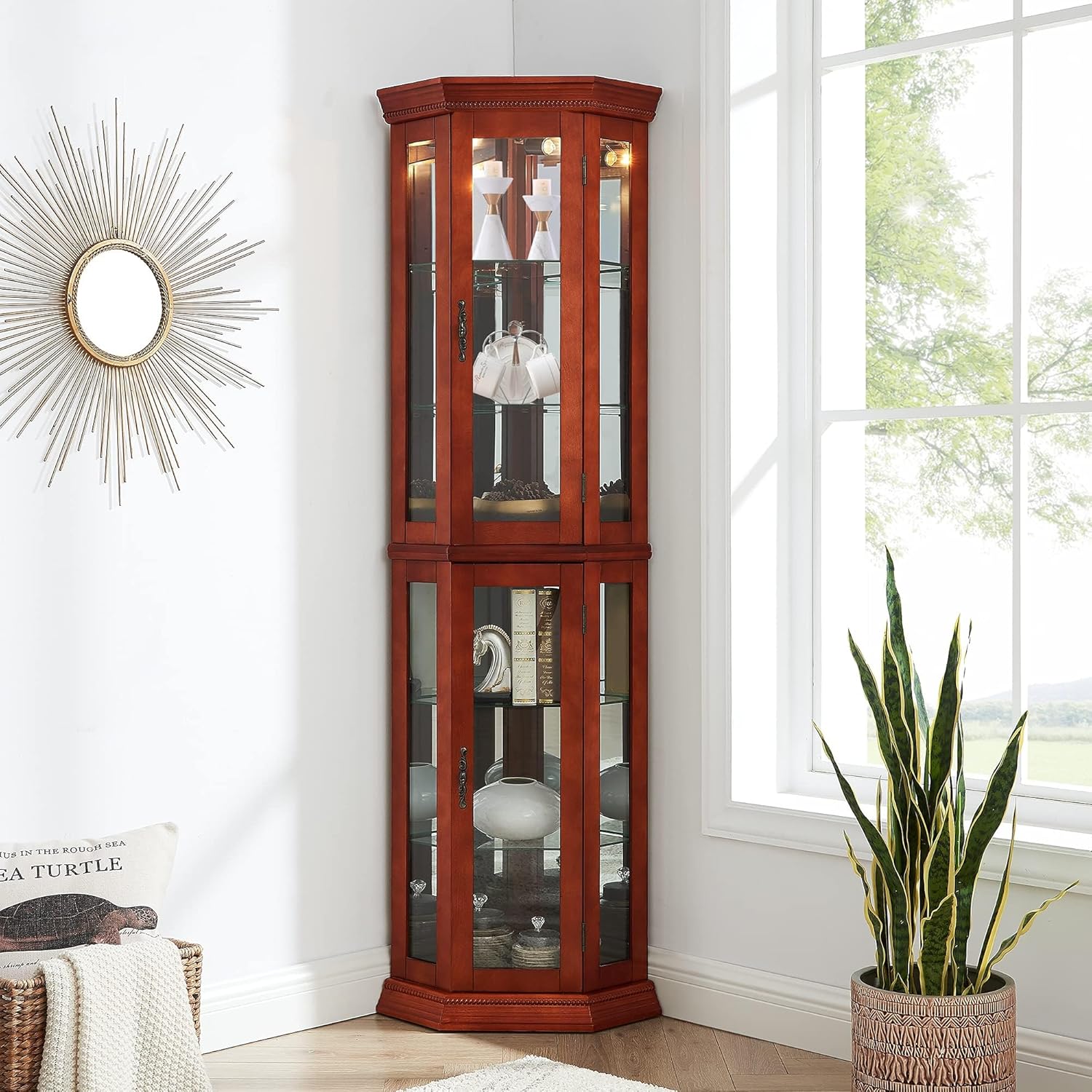 Wooden Corner Display Cabinet with Lights and 6 Shelves