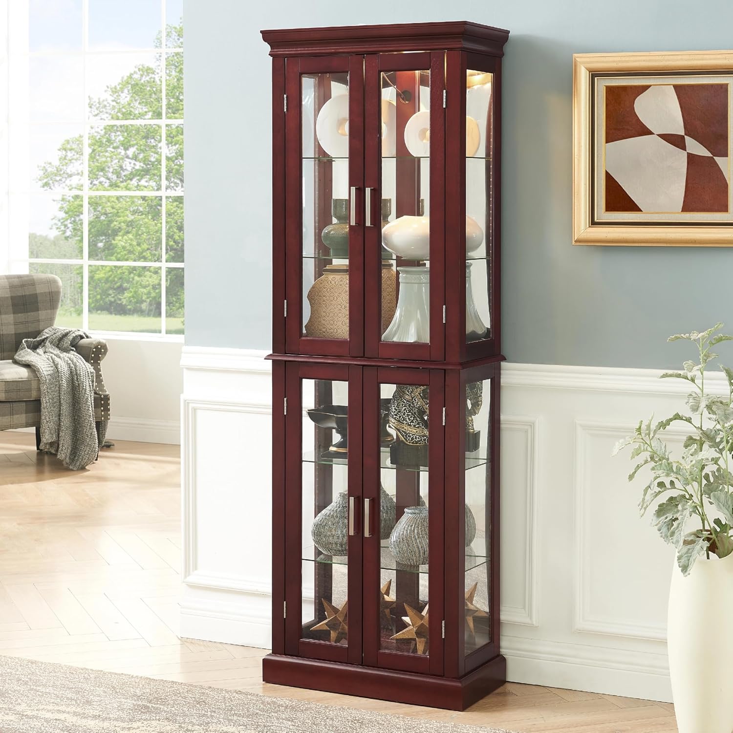 Tall Storage Cabinet with Adjustable Shelves and Lighted Glass Display