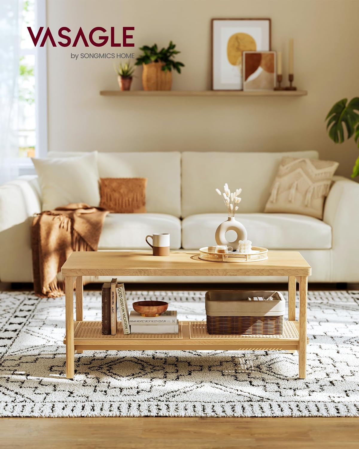 VASAGLE 2-Tier Coffee Table with PVC Rattan Storage Shelf