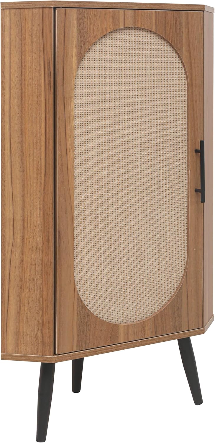Knocbel Rustic Corner Storage Cabinet with Adjustable Shelves and Rattan Door