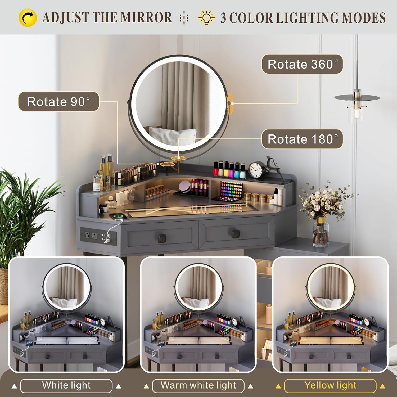 Modern Corner Vanity Desk with Mirror Lights and Storage