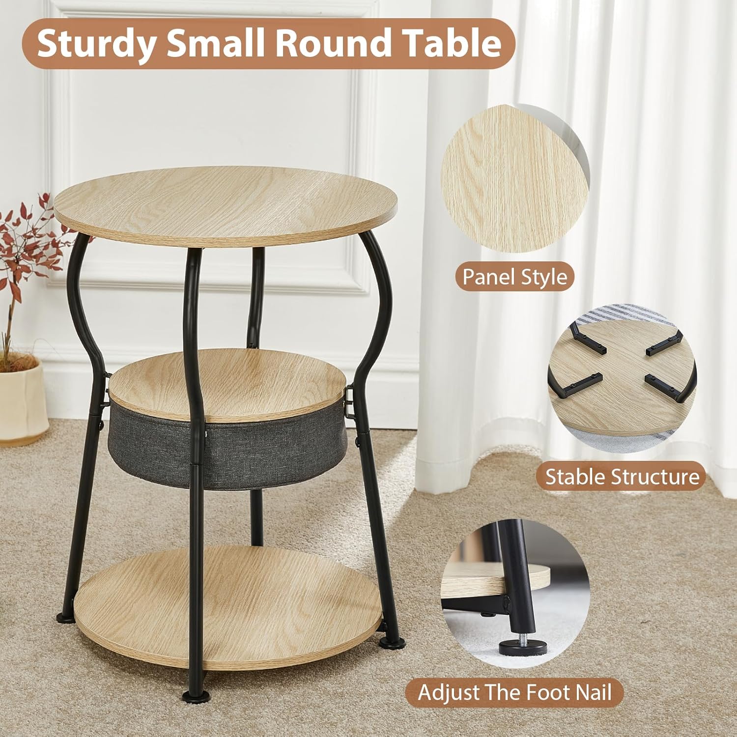 ZEXVIDA Small Round Side Table with Storage
