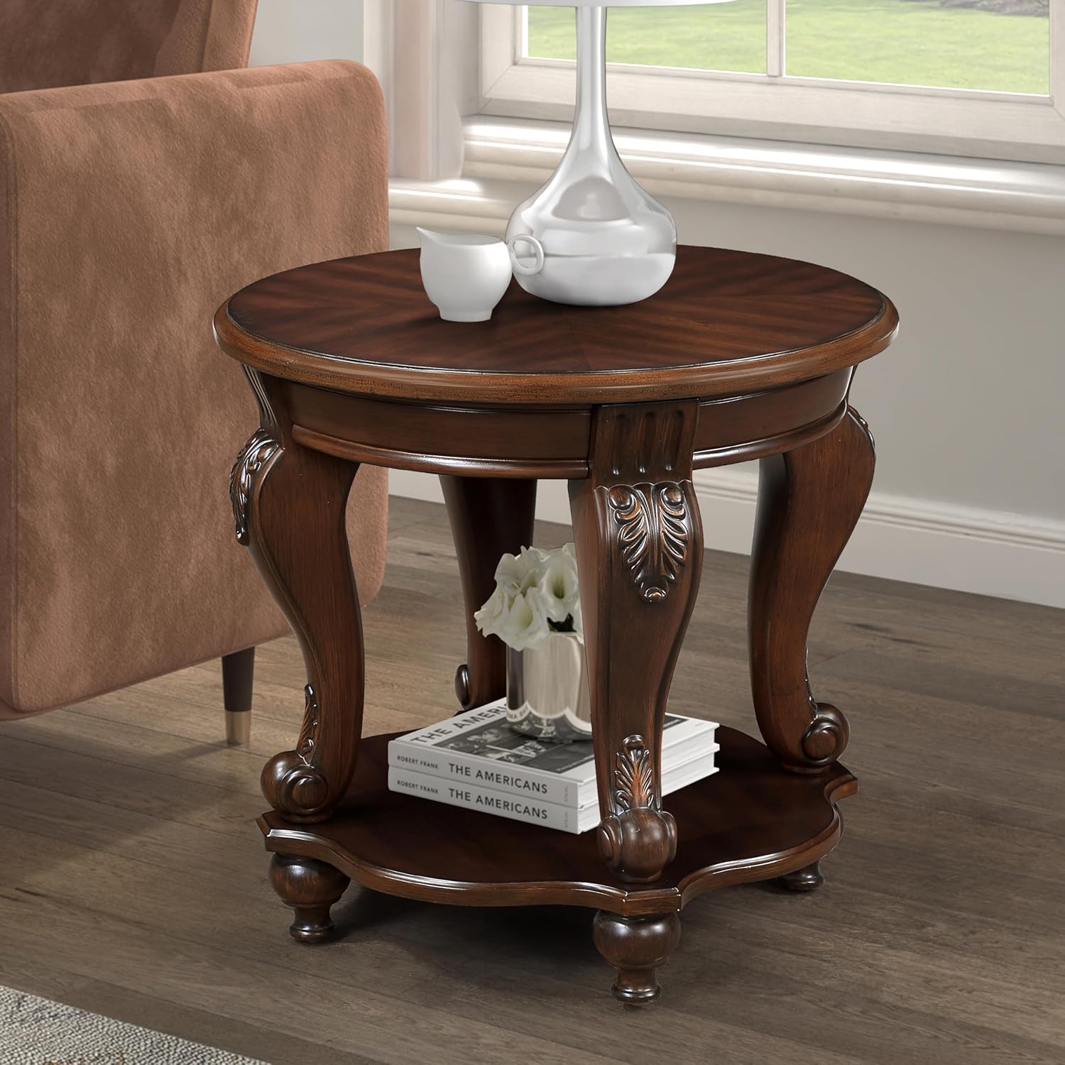 22 Round Wood End Table with 2-Tier Storage