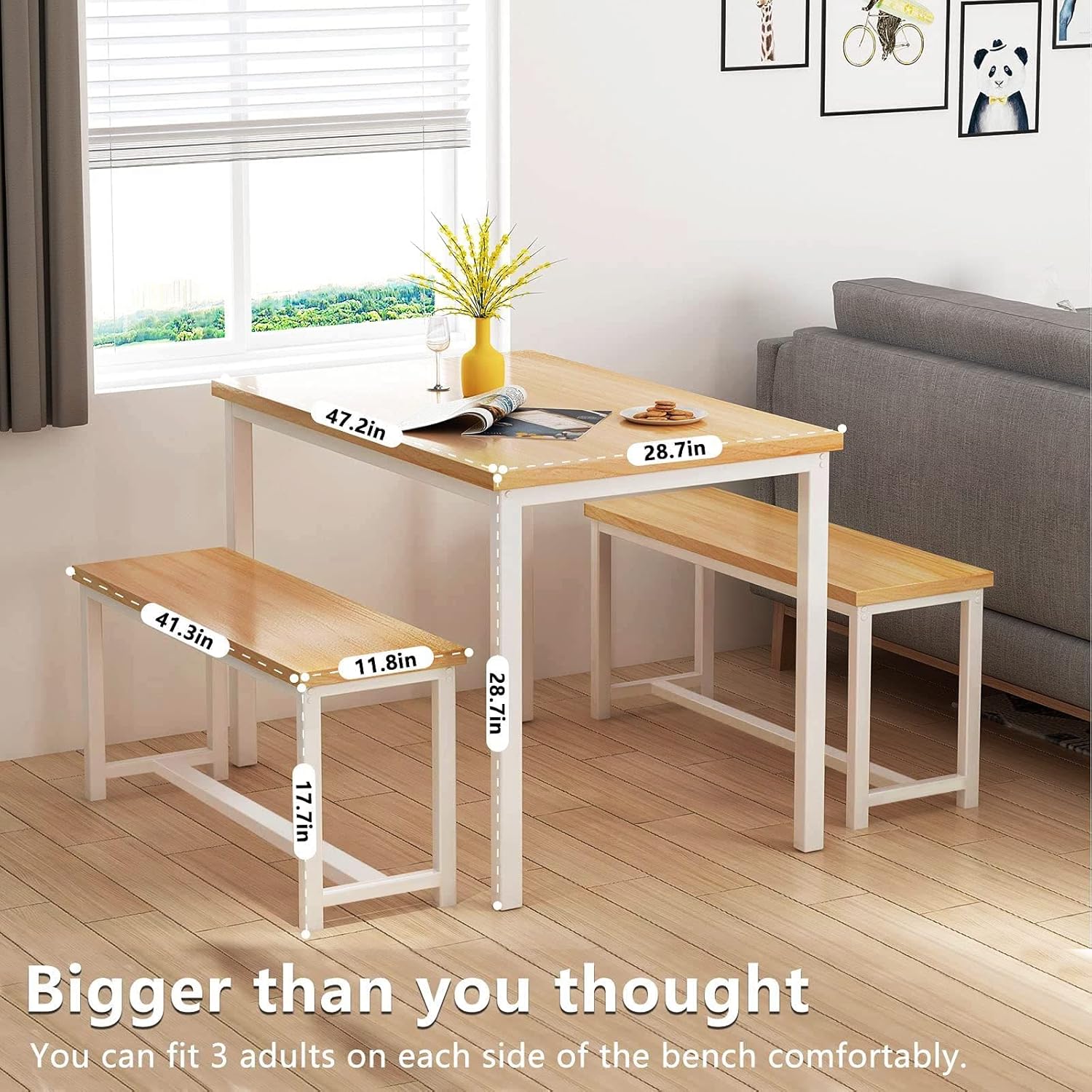 AWQM Dining Table Set with 2 Benches 472x287x287 Inches Beige