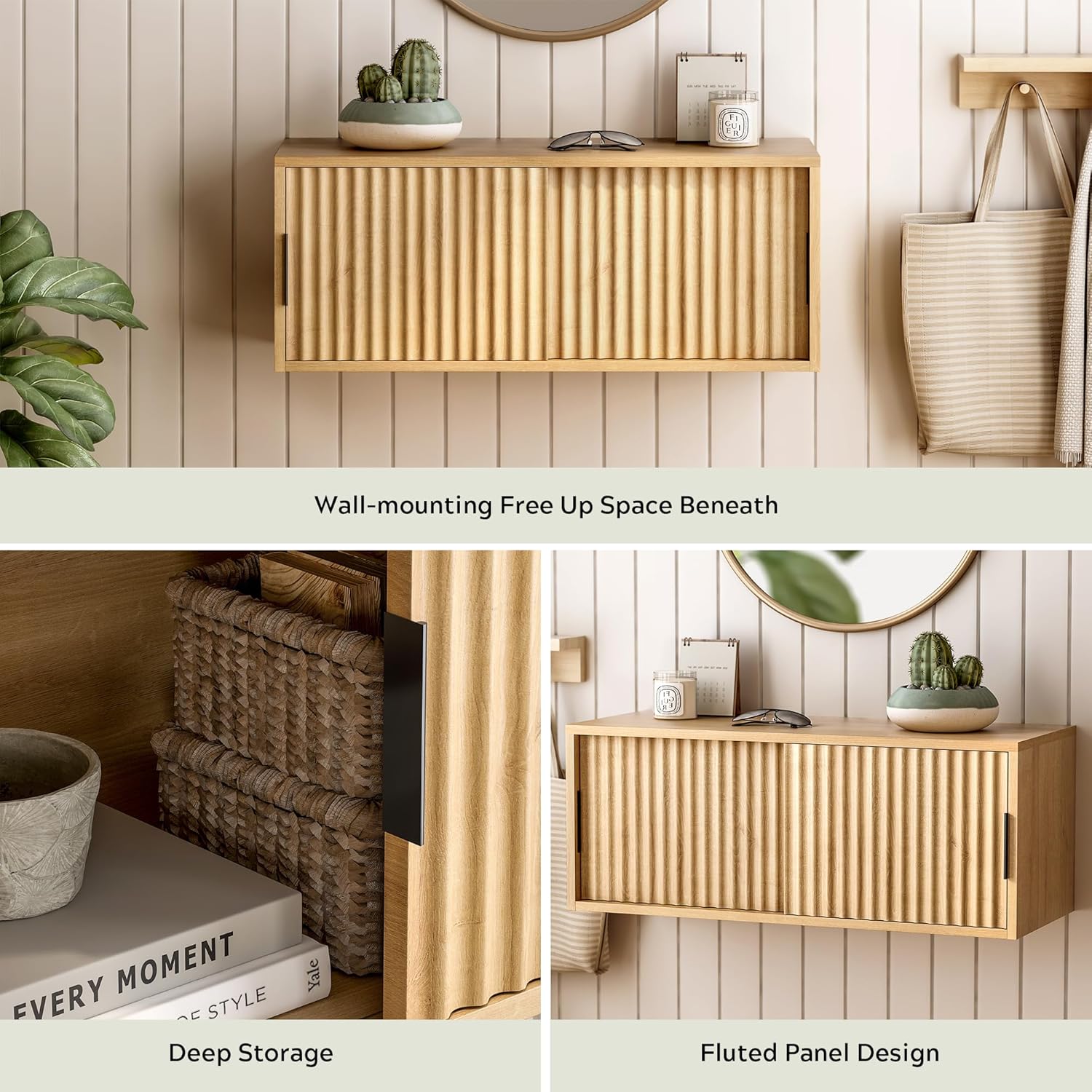 Fluted Wall Cabinet with Sliding Doors Natural Oak