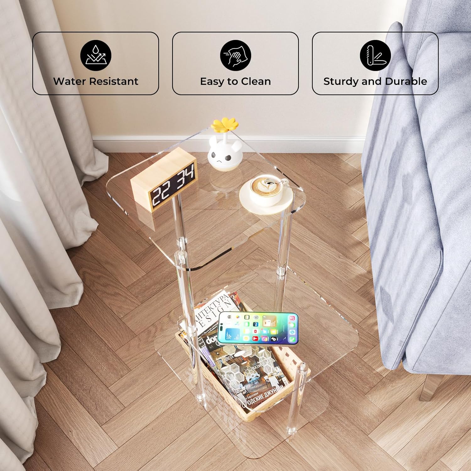 Eglaf Acrylic 3 Tier Side Table - Clear Nightstand for Bedroom Living Room Entryway
