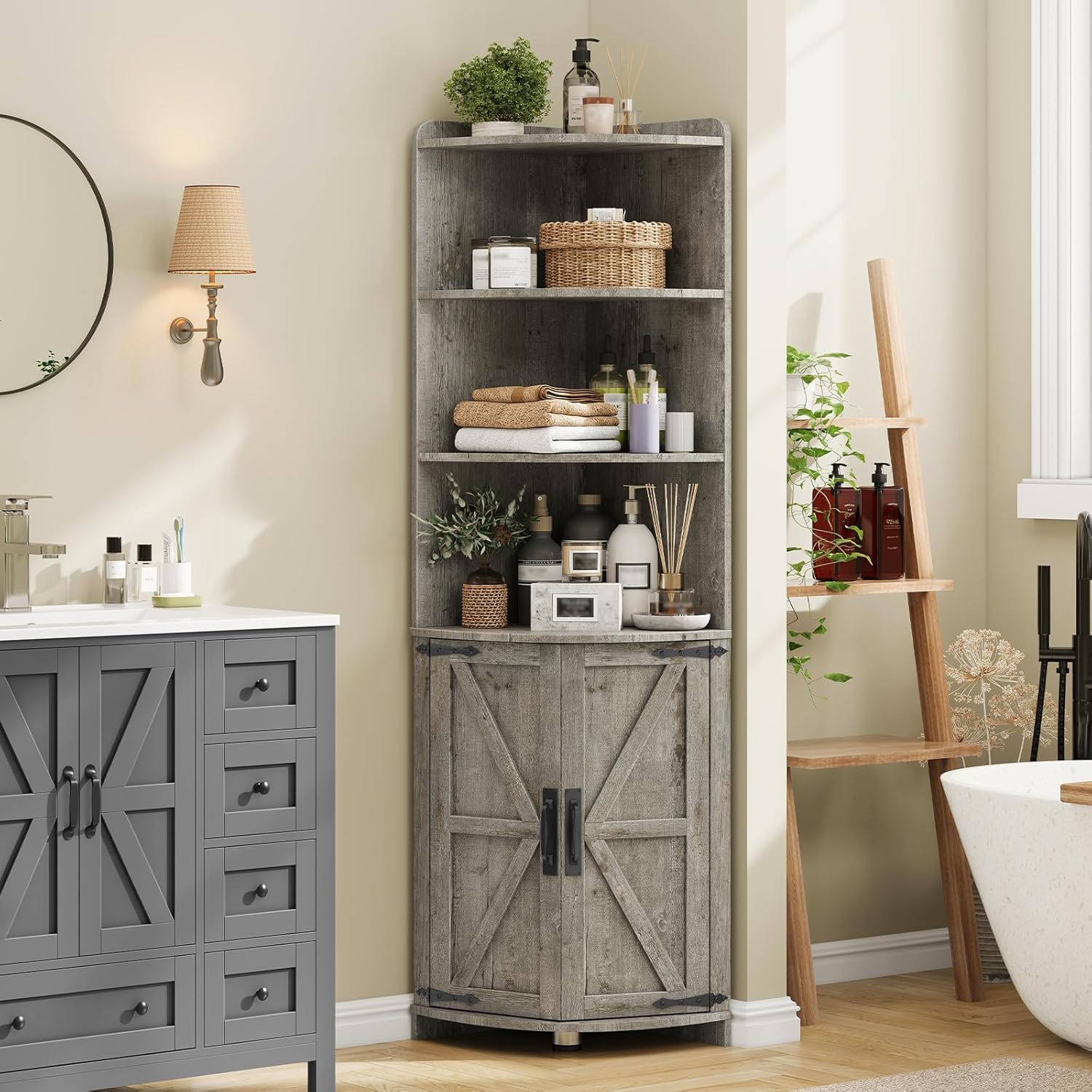 Vabches Tall Corner Cabinet with Barn Door Design Grey