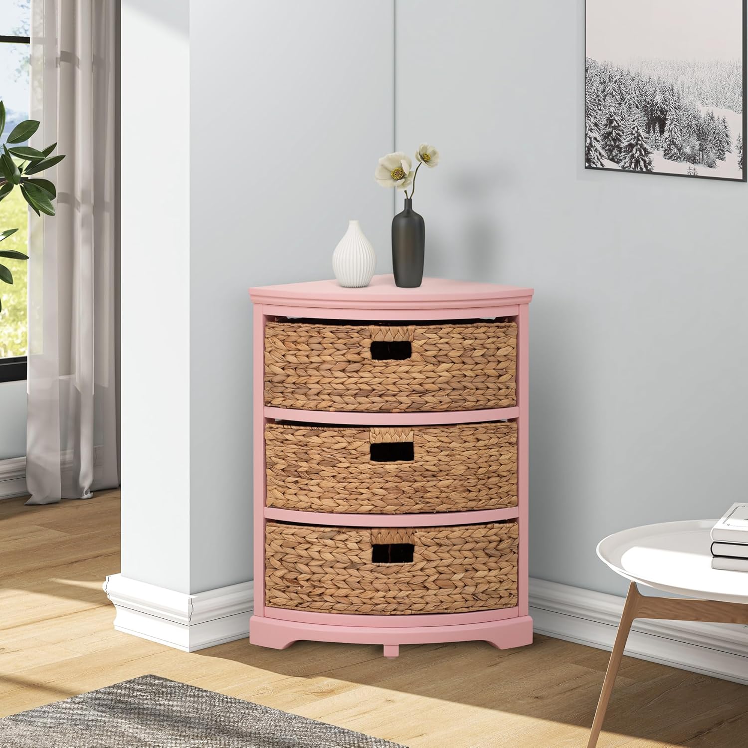eHemco Hampton Meadows 3 Tier Corner Table with 3 Wicker Baskets Pink