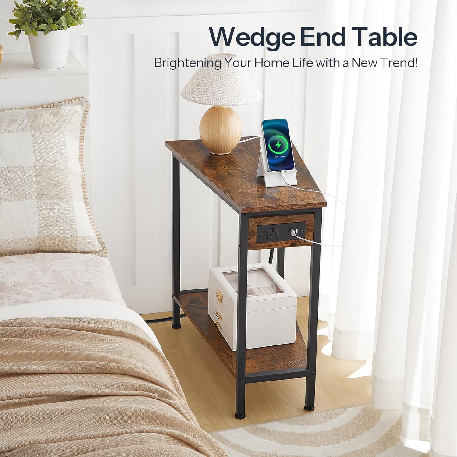 HOOBRO Wedge End Table with Charging Station