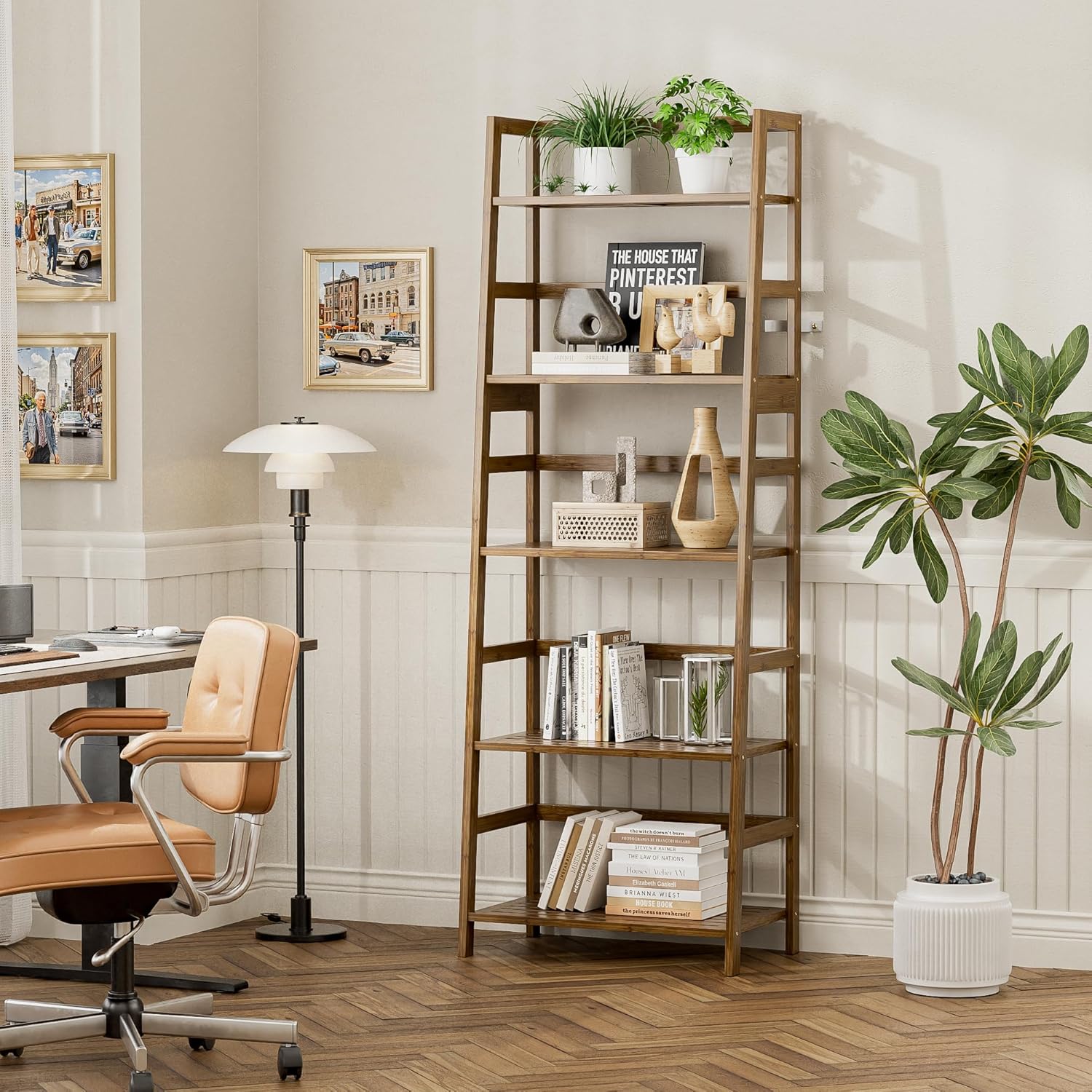 Vovala 5-Tier Bamboo Bookshelf with Modern Ladder Design