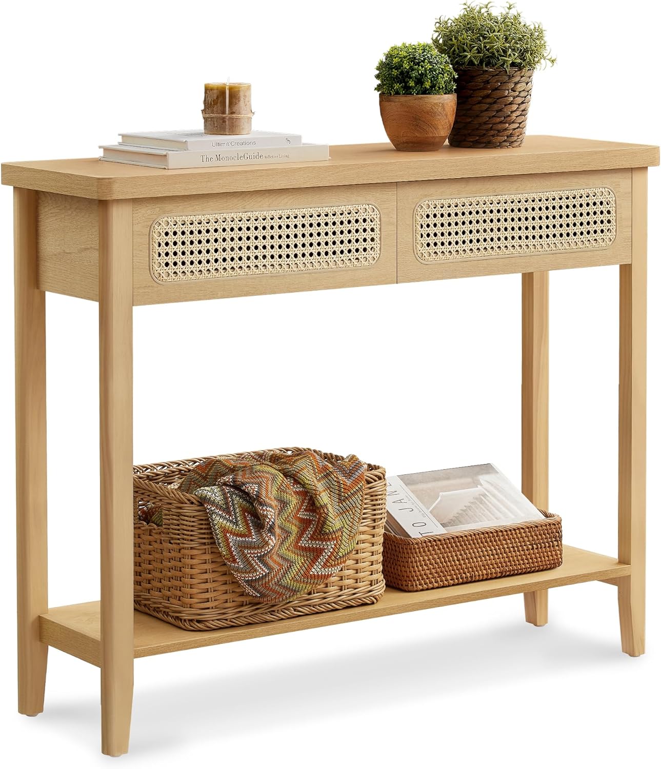 VASAGLE Console Table with 2 Drawers and Open Shelf Boho Style Oak Beige