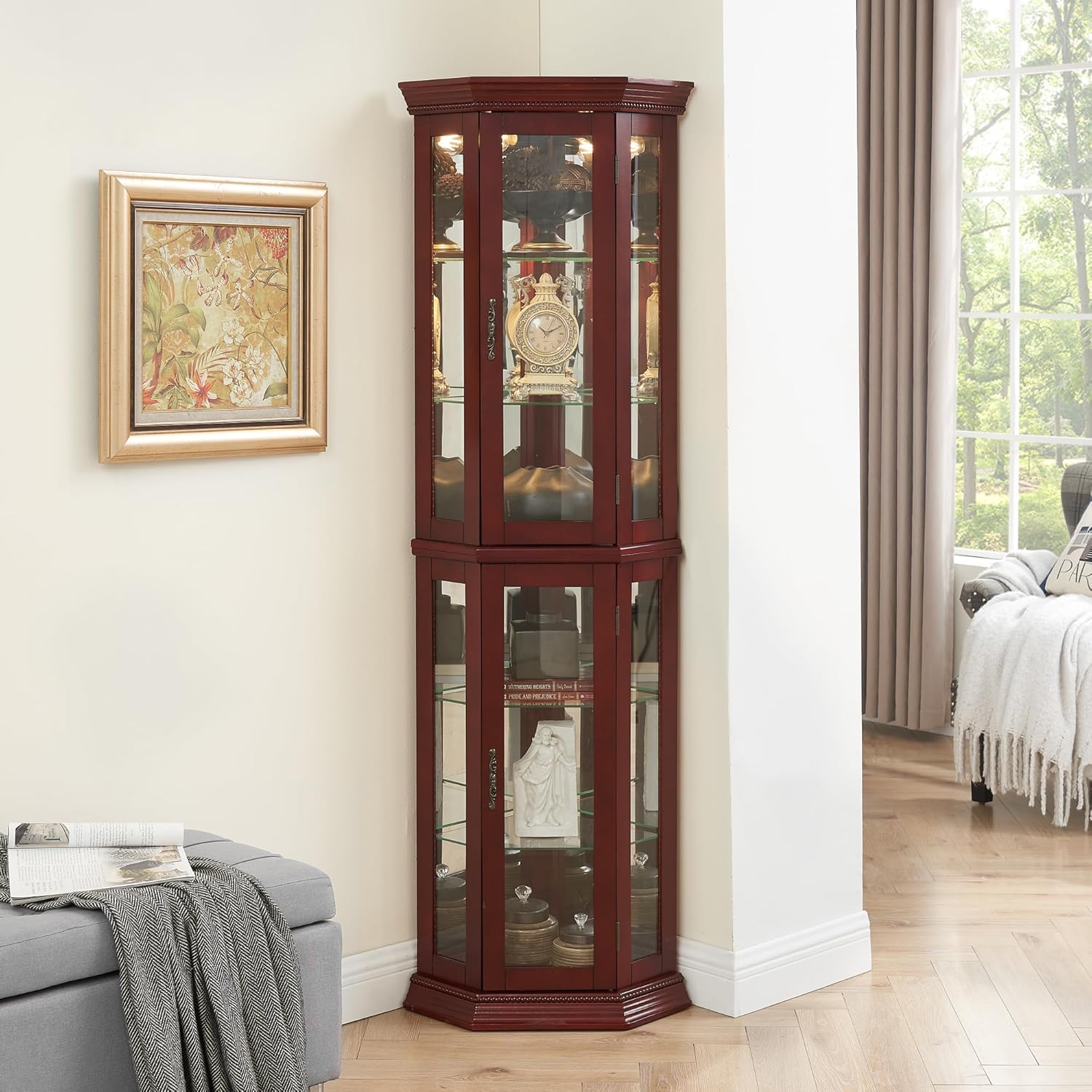 Lighted Display Cabinet with Glass Shelves and Mirrored Back
