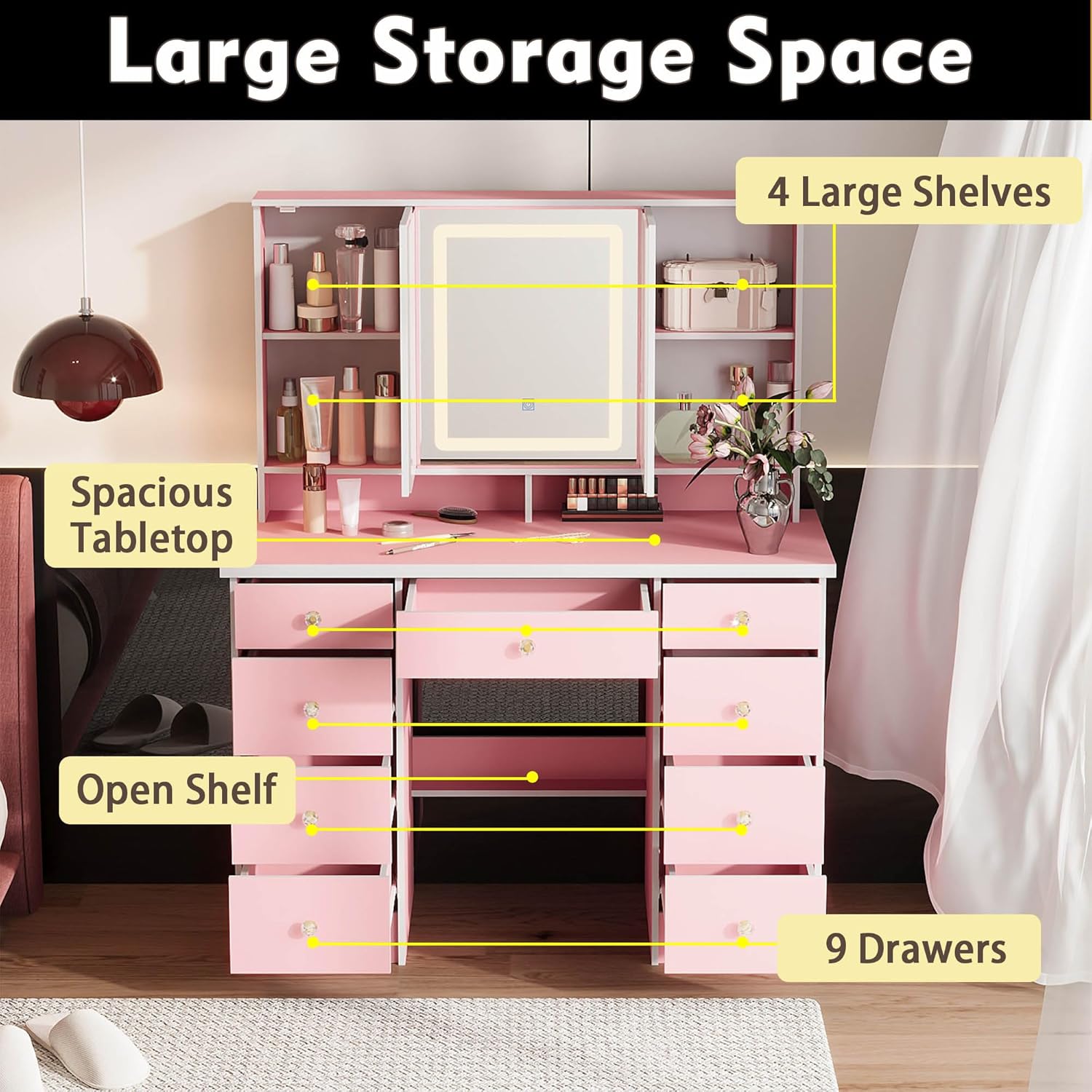 Timechee Vanity Mirror with 9 Drawers and 3 Color Lights