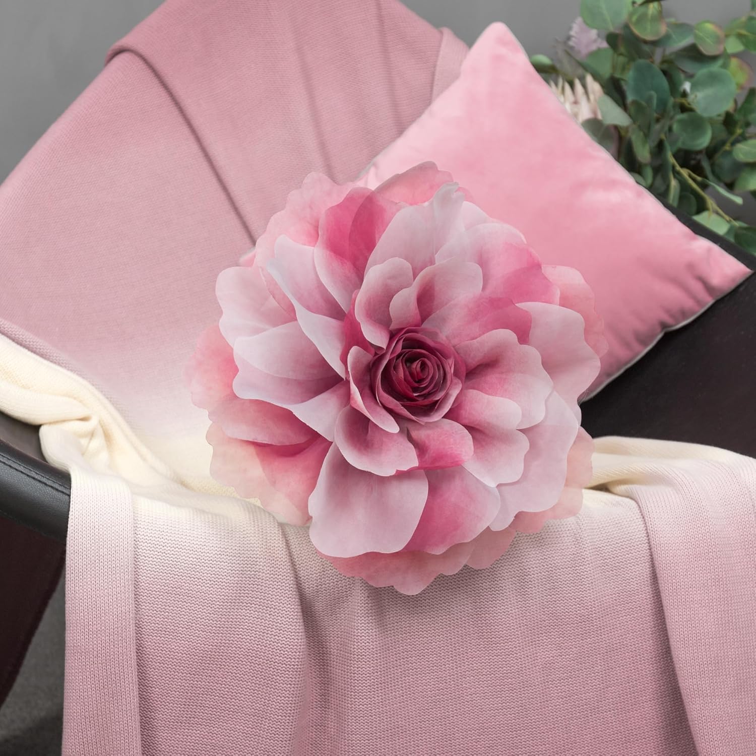 3D Peony Flower Throw Pillow with Insert Velvet and Chiffon Decor 12 Inch Red Gradient