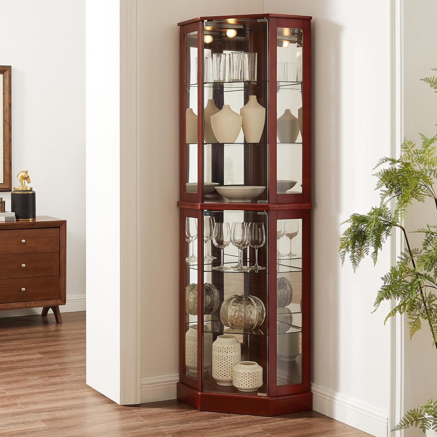 Maximize Storage 6 Shelf Corner Curio Cabinet Cherry
