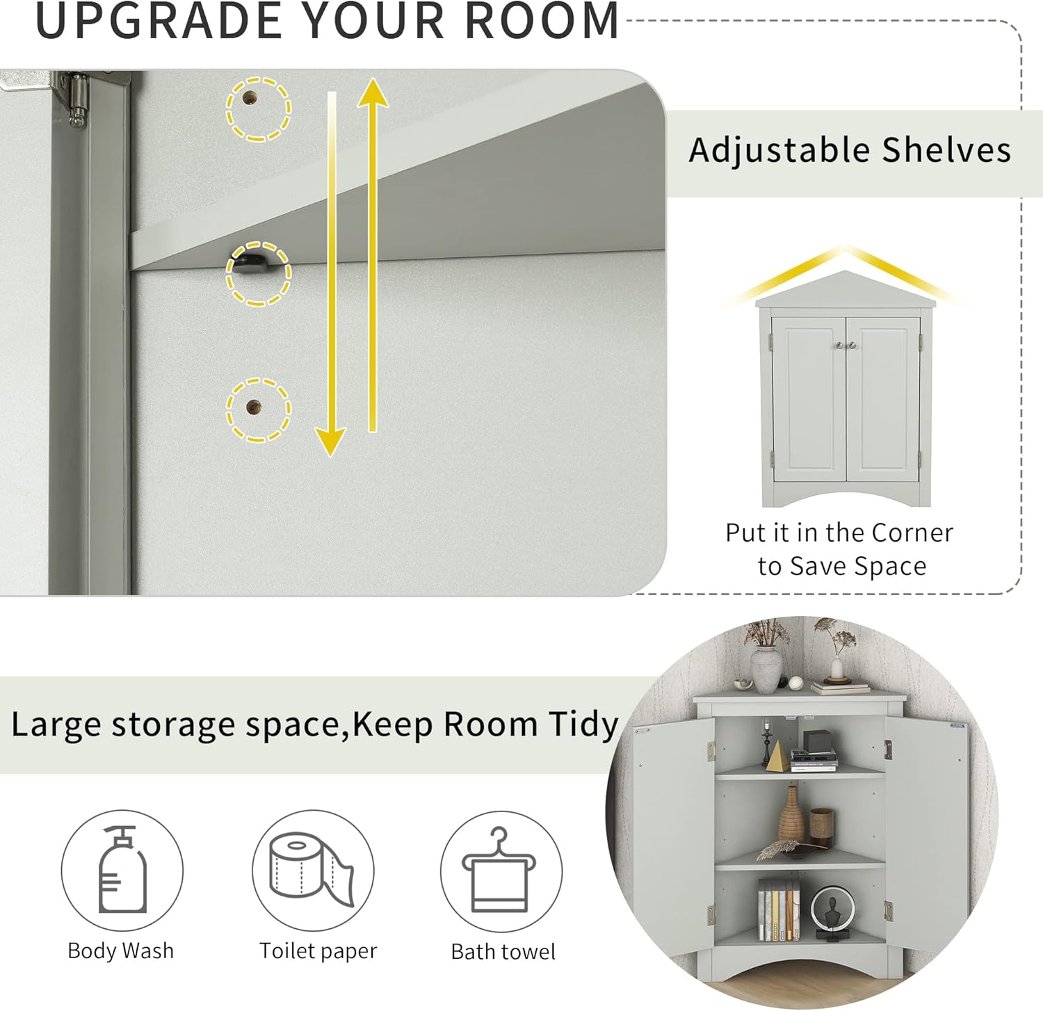 GDFStudio 315 Inch H Triangle Corner Storage Cabinet Grey