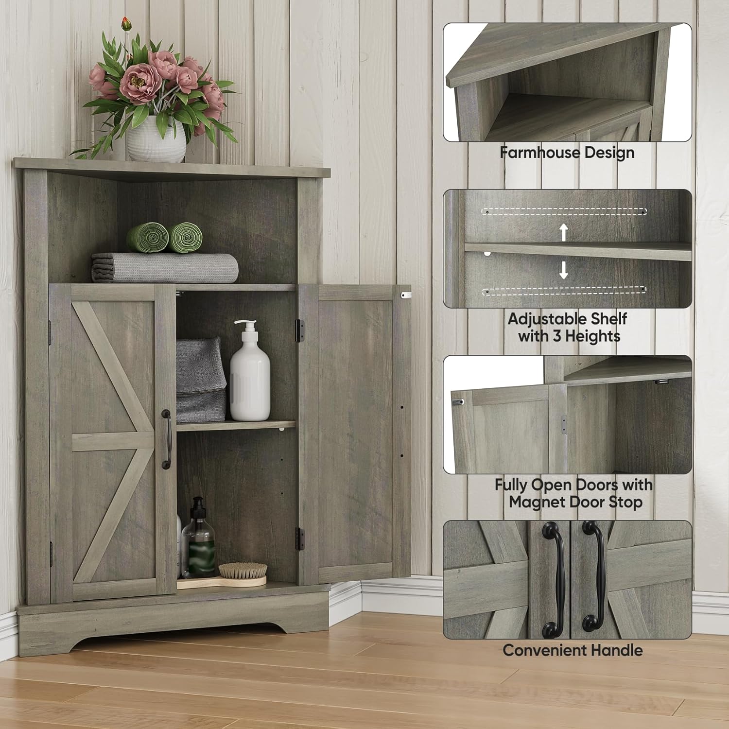 Farmhouse Corner Cabinet with Adjustable Shelves and Doors Grey