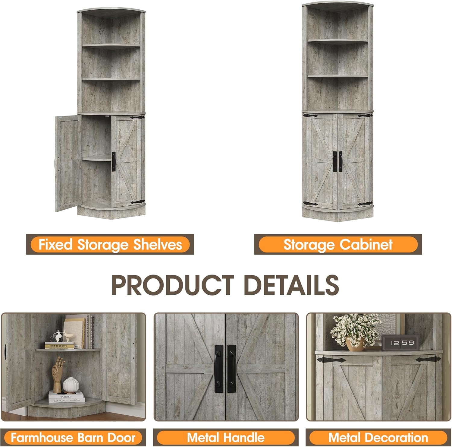 Vabches 648 Tall Farmhouse Corner Cabinet with Storage Shelves