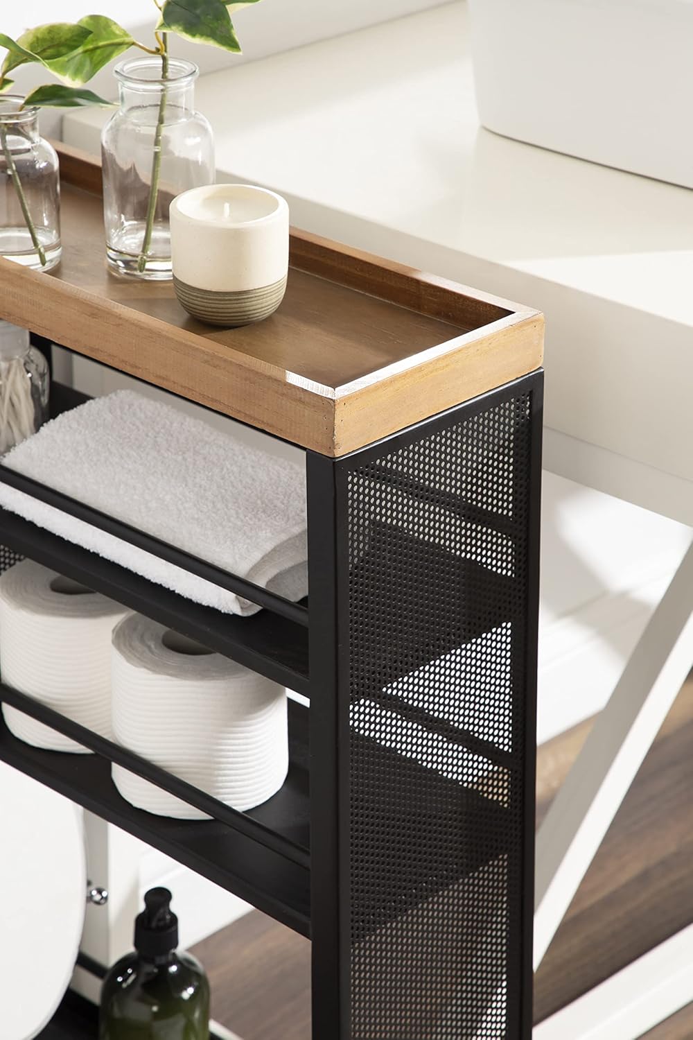 Kate and Laurel Piazza Decorative Storage Cart 18x7x30 Natural Wood and Black