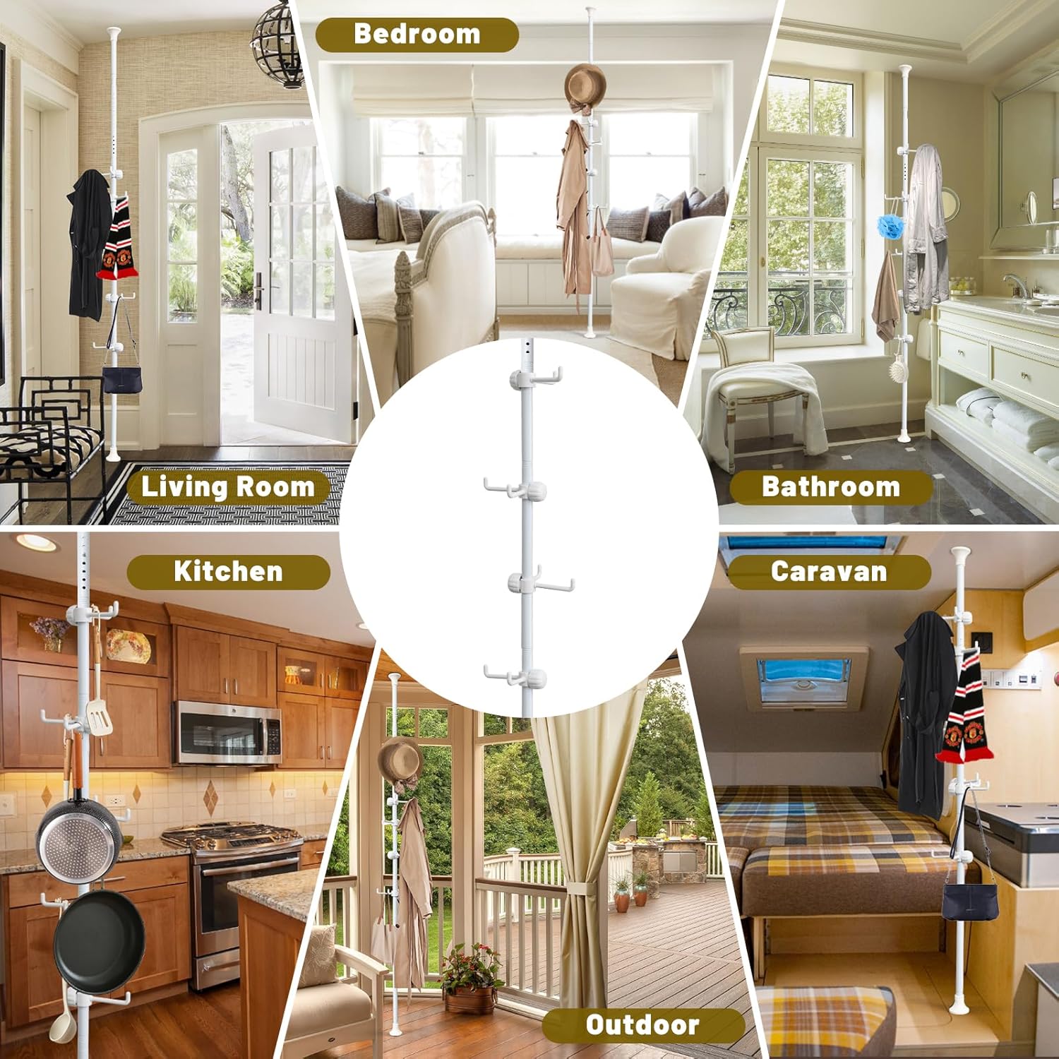 Freestanding Coat Rack with 12 Hooks and Adjustable Tension Rod White