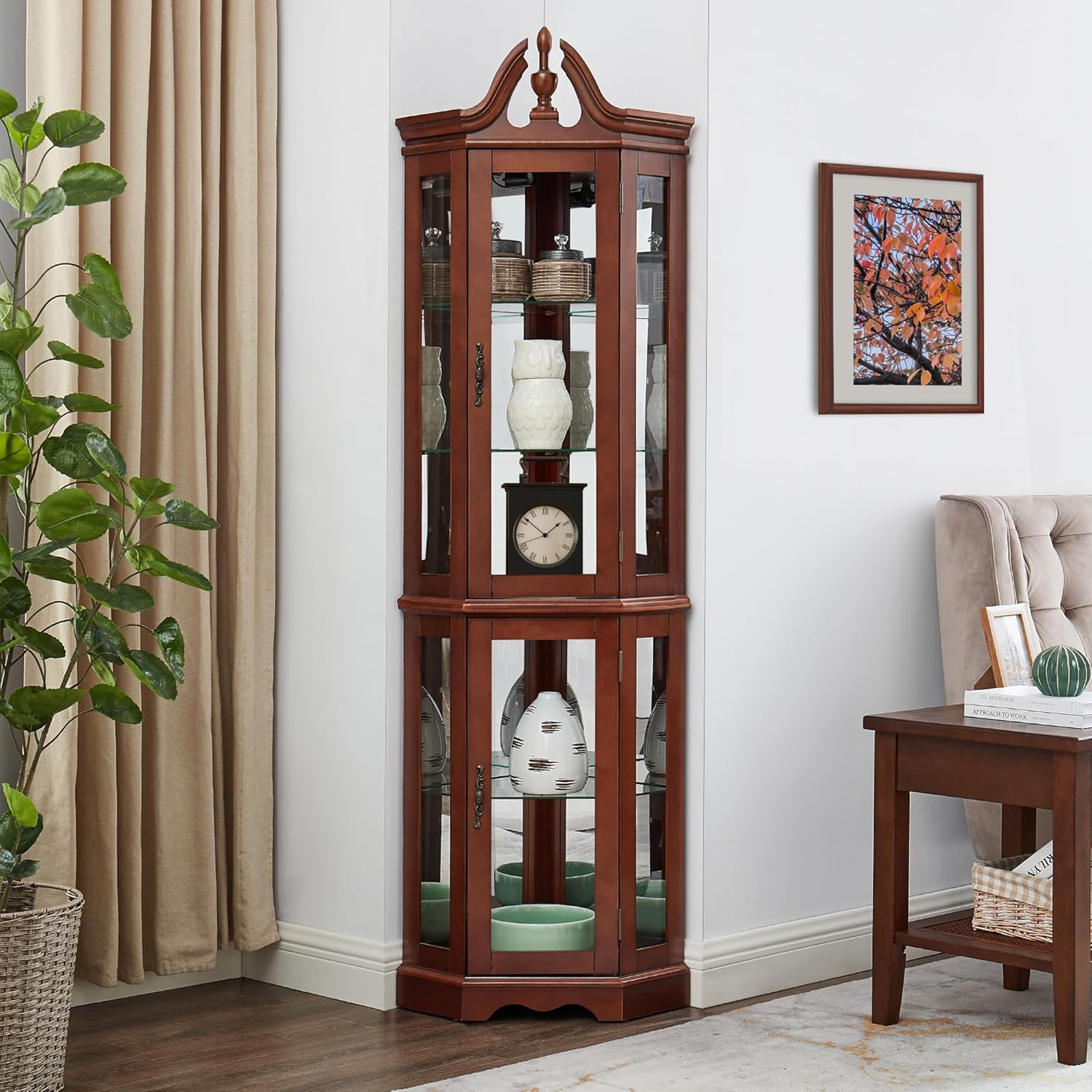 Lighted Corner Curio Display Cabinet with Tempered Glass Doors