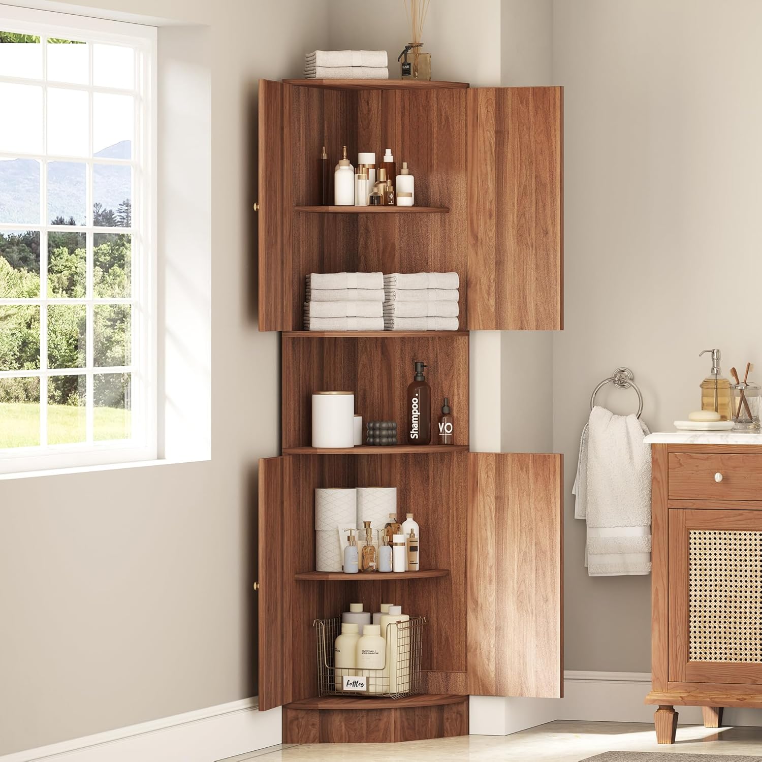 71 Inch Tall Corner Cabinet with Doors and 5-Tier Shelves in Walnut