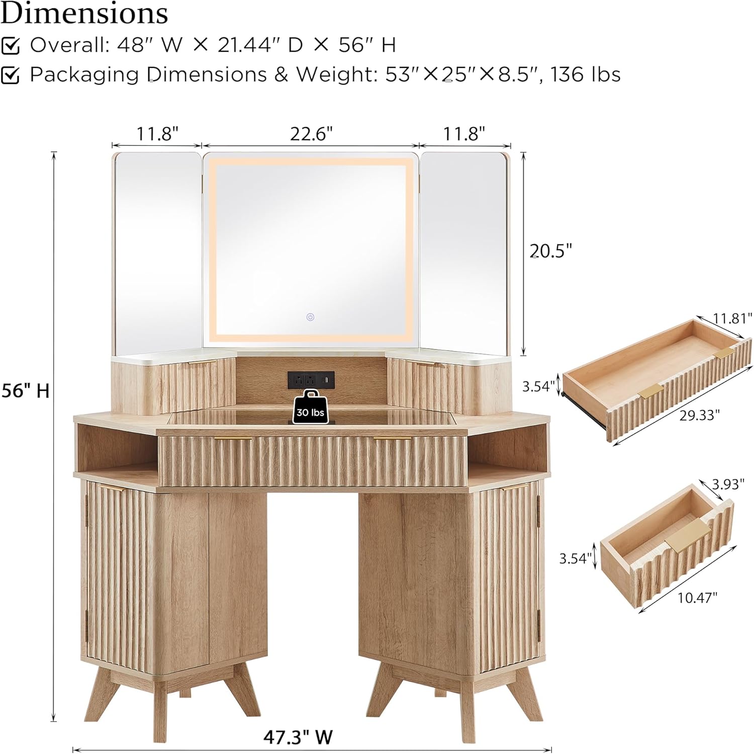T4TREAM Fluted Makeup Vanity Desk with 3 Way Mirror and LED Lights 48 Inch Corner Table