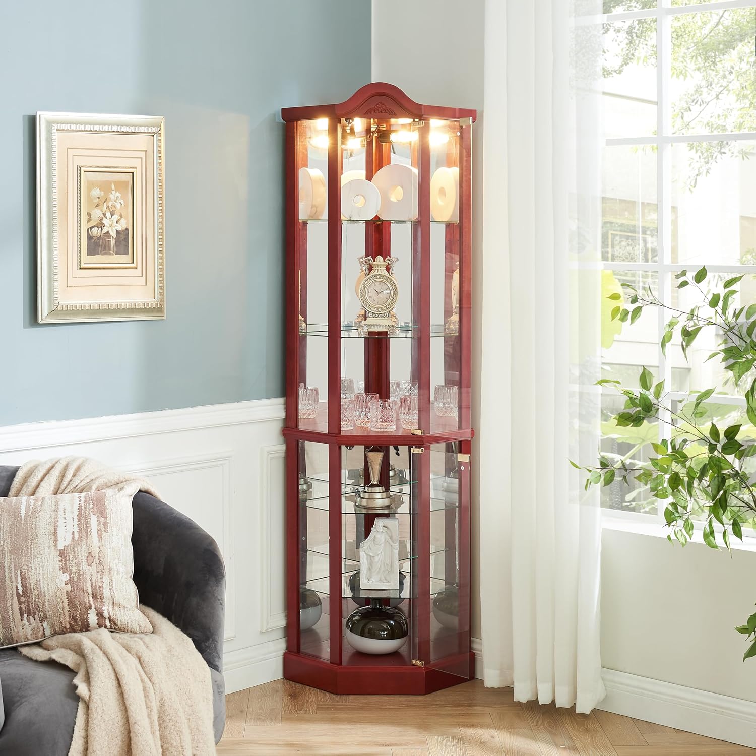 Lighted Corner Cabinet with Tempered Glass Doors and Adjustable Shelves