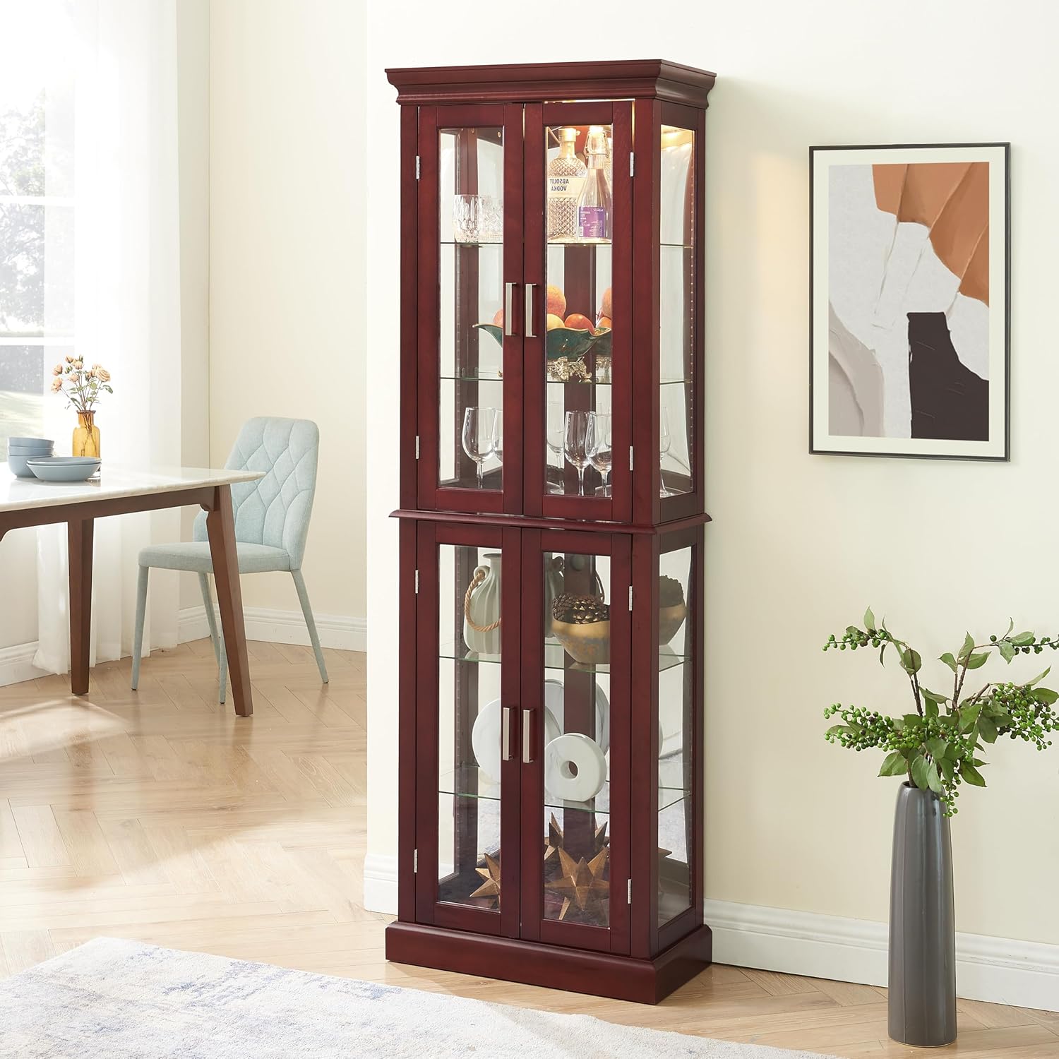 Glass Corner Curio Cabinet with Lights and Adjustable Shelves