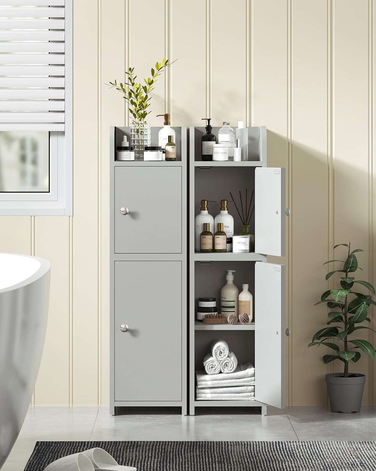 FIONESO Small Bathroom Storage Cabinet with Doors and Adjustable Shelves Grey