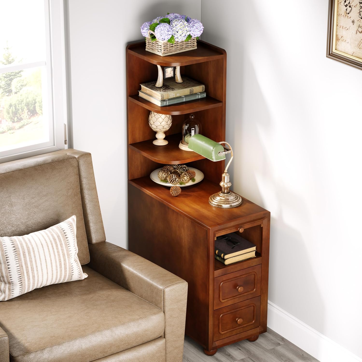 Solid Wood End Table with Drawers and Reversible Shelves 1