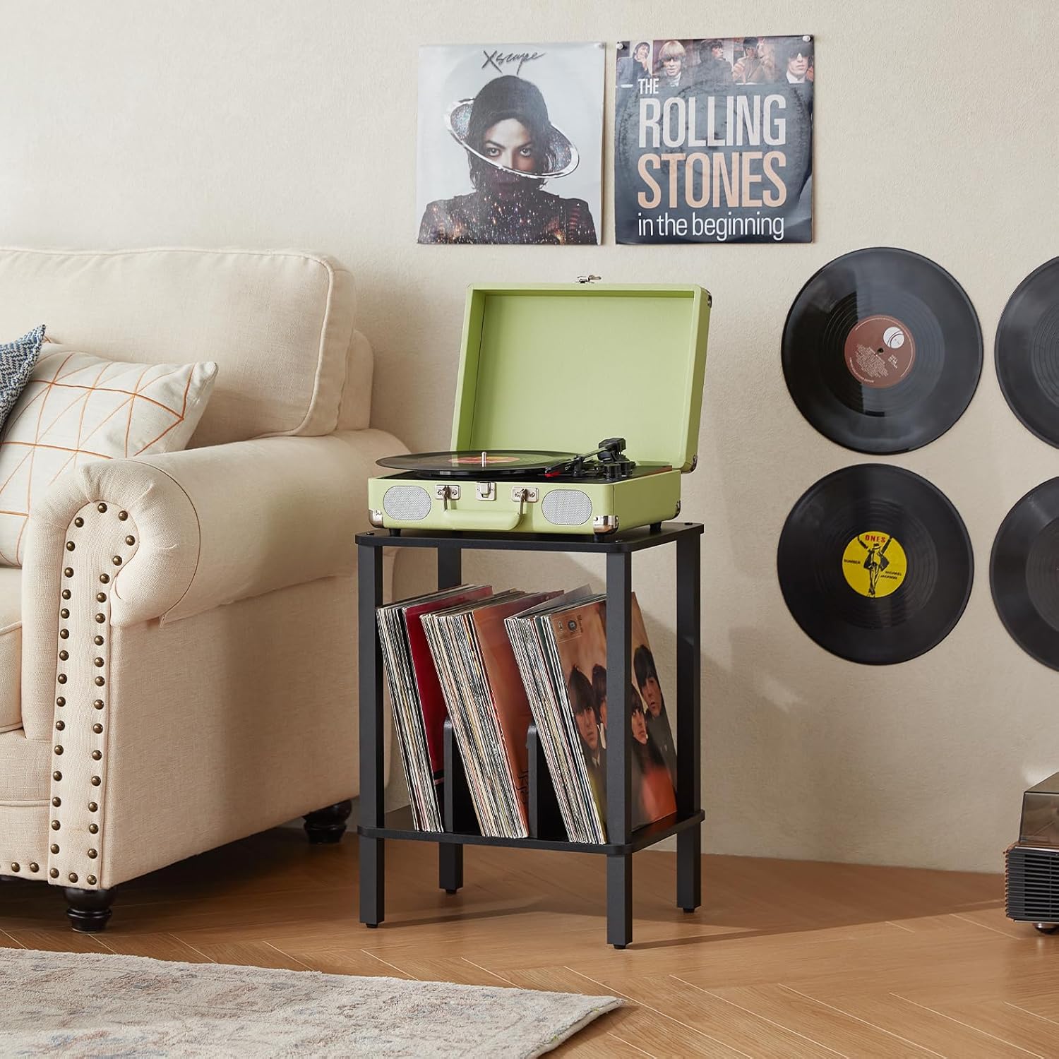 LELELINKY 2-Tier Record Player Stand with Storage for 100 Albums Black