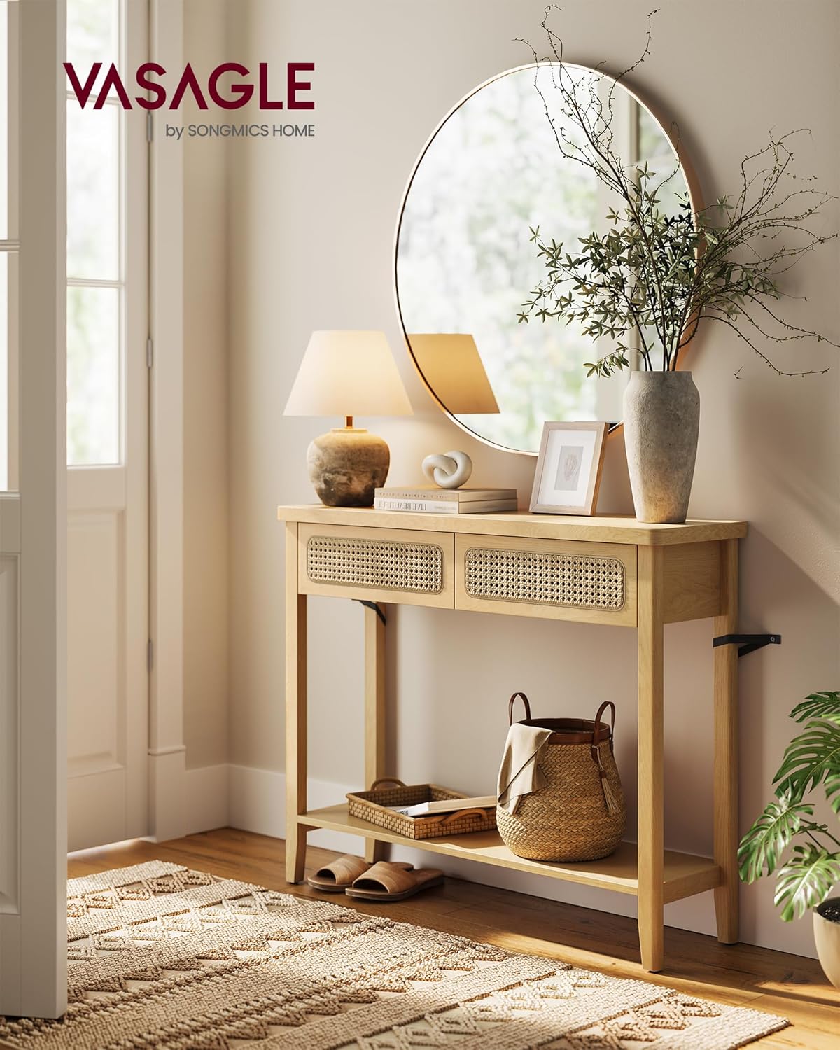 VASAGLE Console Table with 2 Drawers and Open Shelf Boho Style Oak Beige