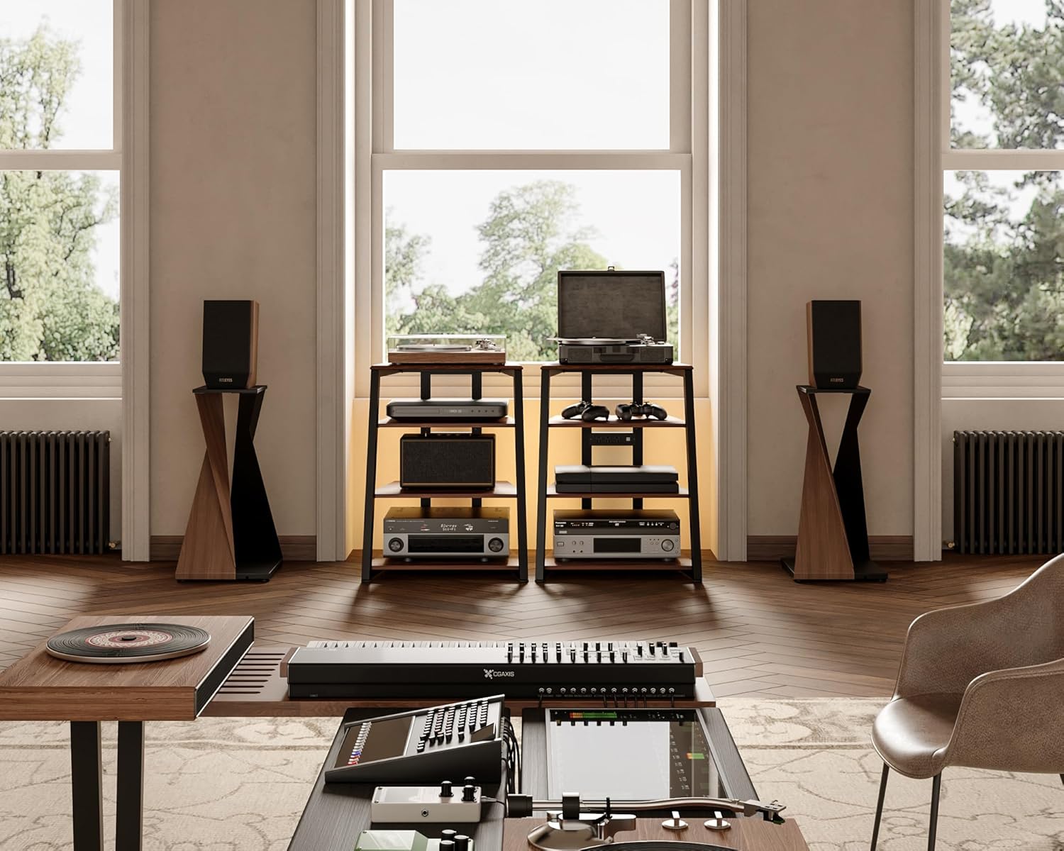 FITUEYES 4-Tier AV Media Stand with LED Backlight for Record Player and Xbox One