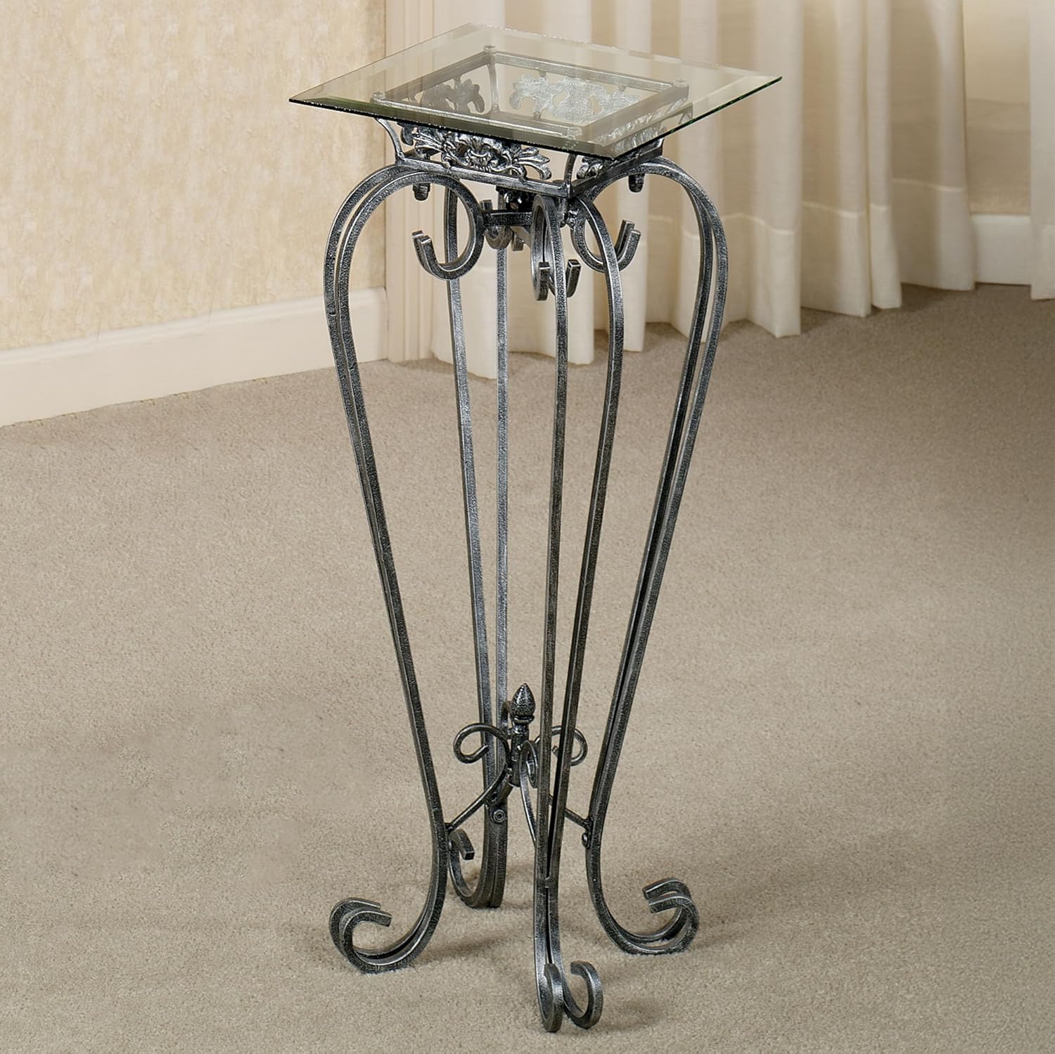 Touch of Class Chalcedony Metal Scroll Pedestal Table - Beveled Glass - Antique Pewter - Square Top - Elegant Accent