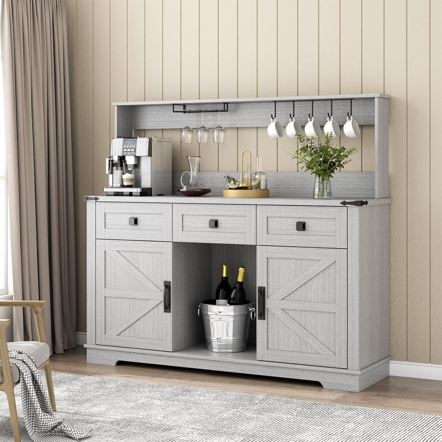 Gyfimoie Farmhouse Bar Cabinet with Hutch and 3 Drawers
