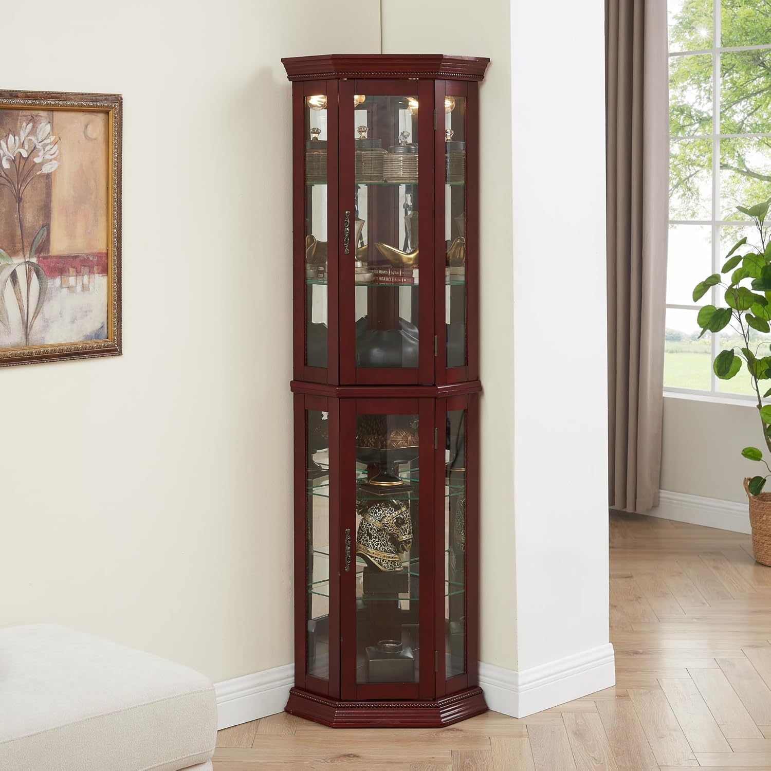 Corner Curio Cabinet with Glass Doors and LED Lighting