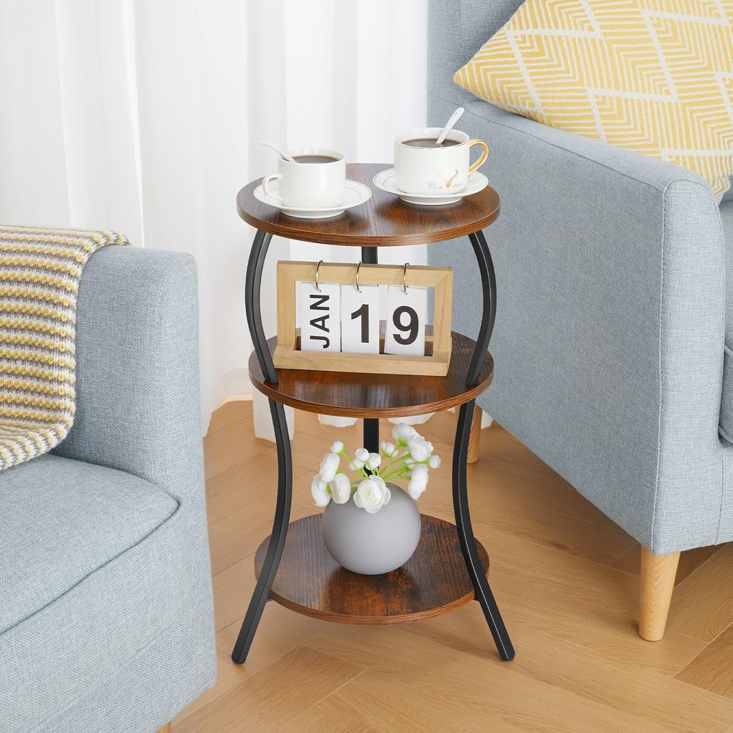YEAKOO Vintage 3-Tier Round Side Table with Storage 1